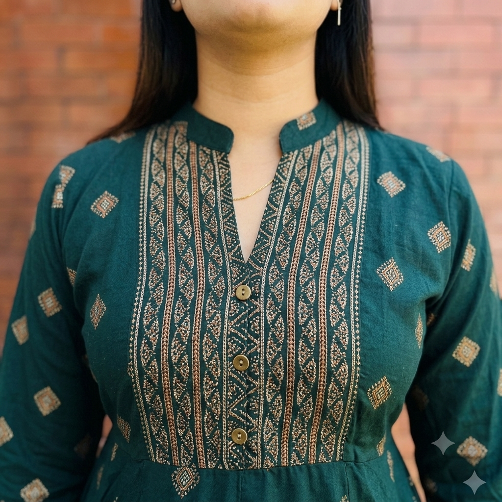 Deep Emerald Green Traditional Block-Print Flared Mid-Length Frock Dress