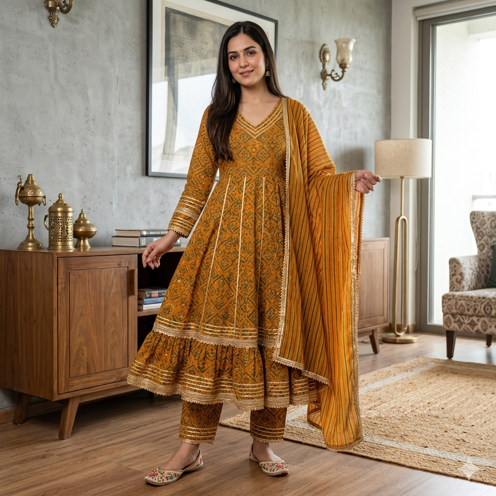Mustard Ochre Tiered Festive Anarkali Suit with Luxury Gota Lace Borders